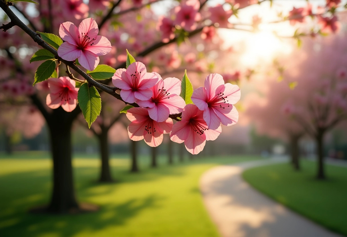 arbre fleurs roses